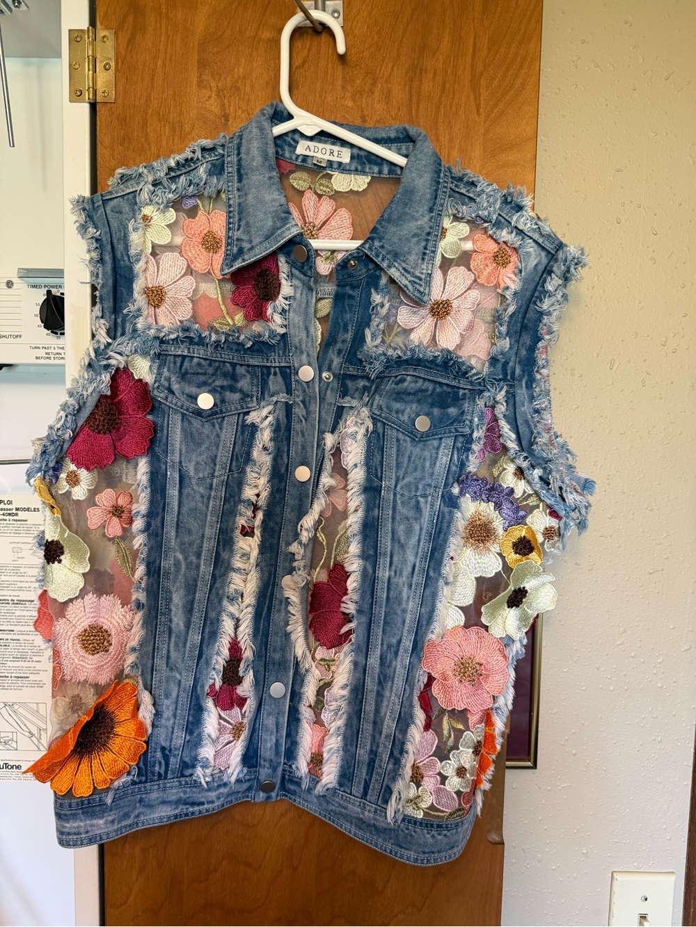Adore Blue Denim Vest with Multicolor Floral Appliqués